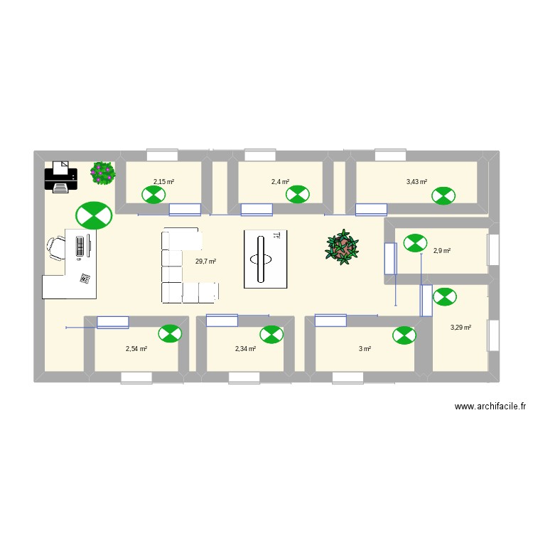 réanimation. Plan de 9 pièces et 52 m2