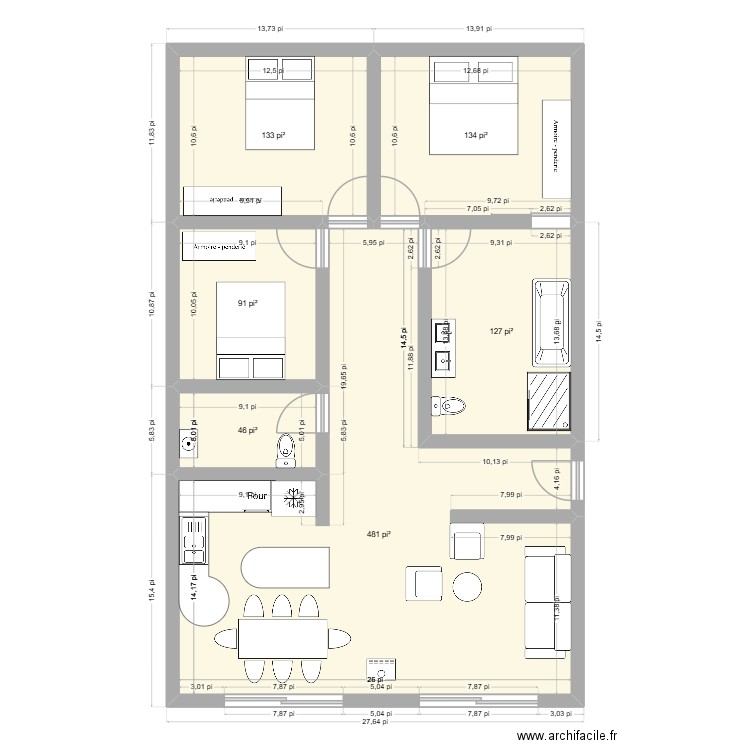Chalet 3 Chambres. Plan de 6 pièces et 94 m2
