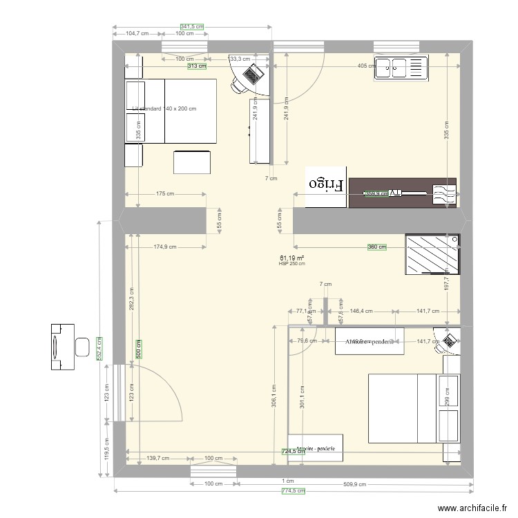 plan 1. Plan de 1 pièce et 61 m2