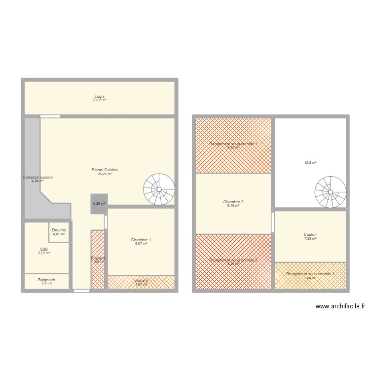 Appart surface. Plan de 16 pièces et 109 m2