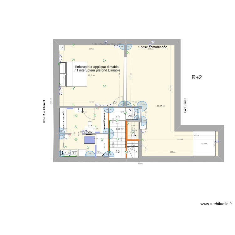 Plan R+2 plan electrique nouvelle sdb V1. Plan de 5 pièces et 69 m2