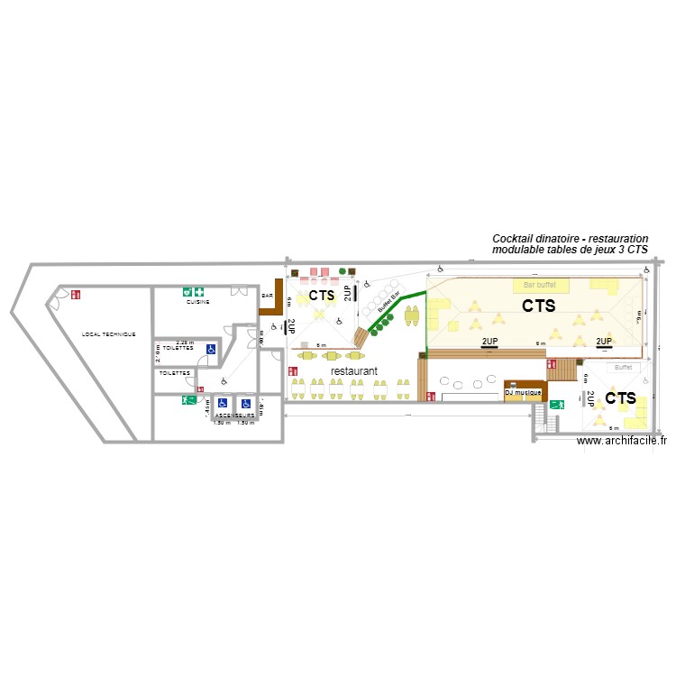 Sénario restauration cocktail 3 CTS modulable tables de jeux. Plan de 0 pièce et 0 m2
