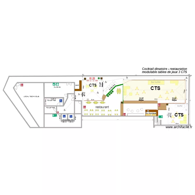 S&eacute;nario restauration cocktail 3 CTS modulable tables de jeux. Plan de 