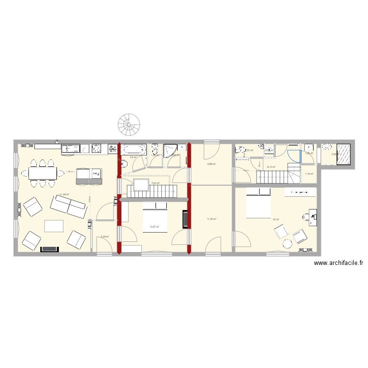 rdc initial Bmesures grand salon3. Plan de 16 pièces et 128 m2