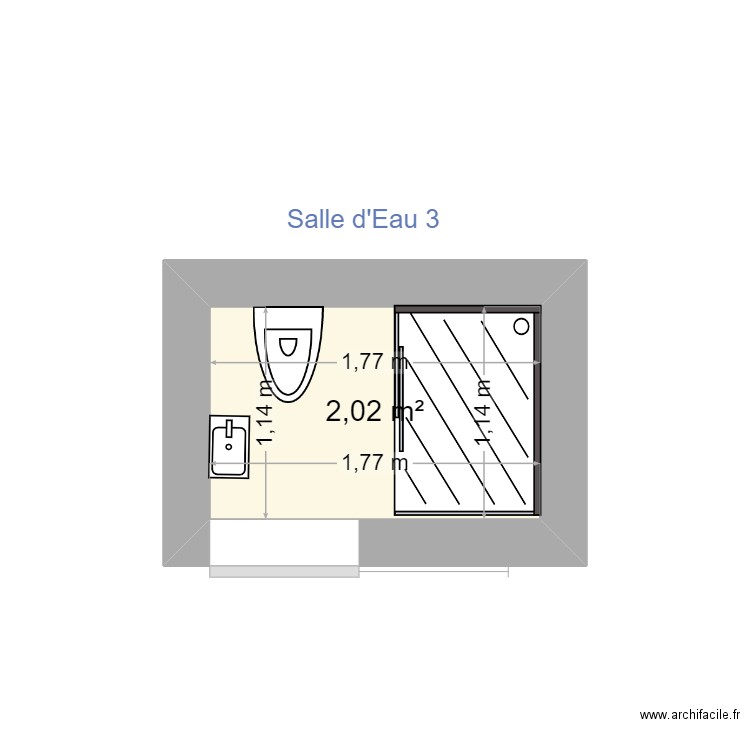 Salle d'Eau version 3. Plan de 1 pièce et 2 m2