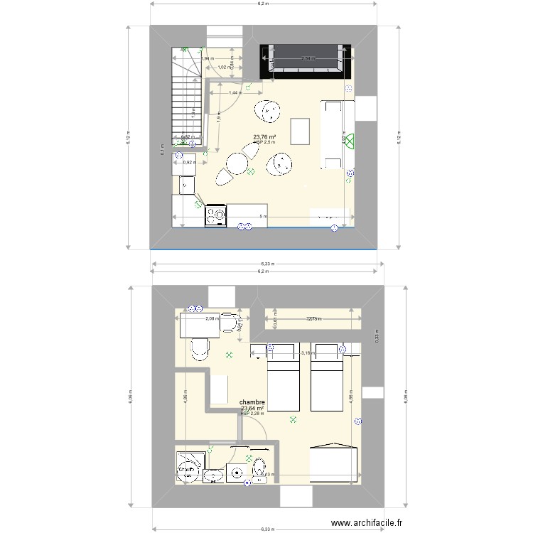 la treille rez. Plan de 2 pièces et 47 m2