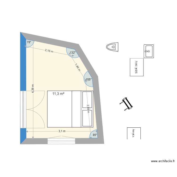 Chambre 6 ré avril 23. Plan de 1 pièce et 11 m2