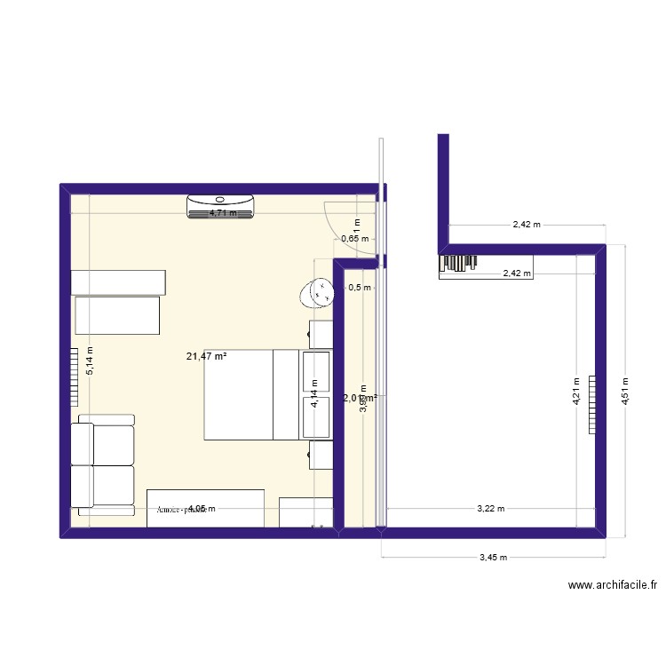 chambre amis. Plan de 2 pièces et 23 m2
