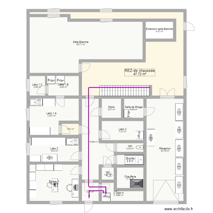 Reprobiol Ouffet niveau 0. Plan de 20 pièces et 234 m2