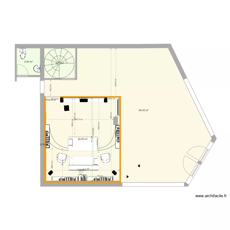 salle cin&eacute;ma fauteuils estrade arrondie. Plan de 