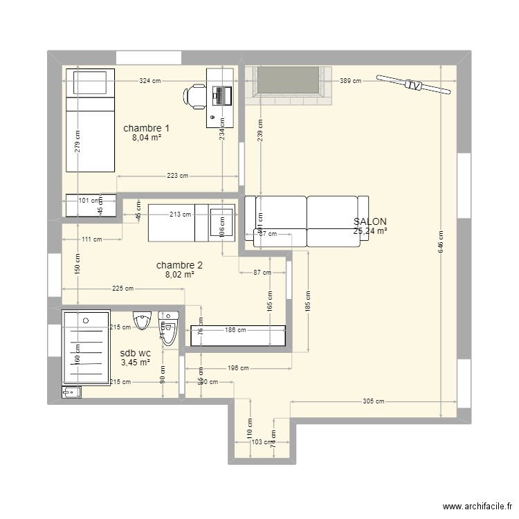 CHAMBRE FILLE. Plan de 4 pièces et 45 m2