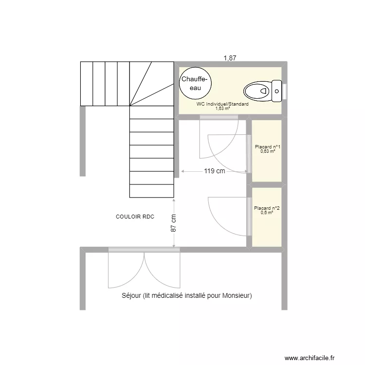 TAUDOU-&Eacute;tat actuel-RDC. Plan de 3  et 3 m²