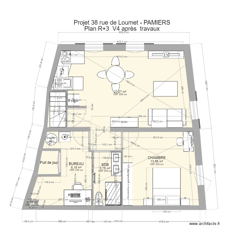 PAMIERS3 R+3 V4 après travaux. Plan de 6 pièces et 54 m2