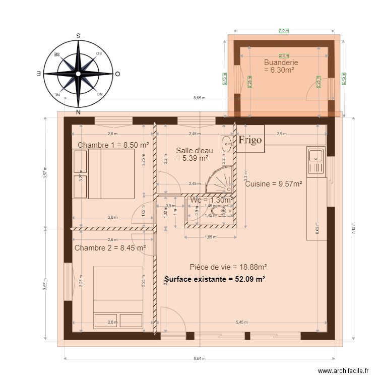 Existant  chalet 53. Plan de 5 pièces et 52 m2