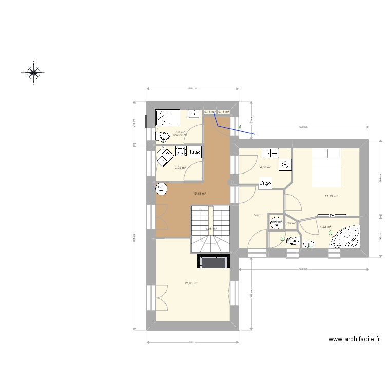 Rehabilitation Grange. Plan de 14 pièces et 63 m2