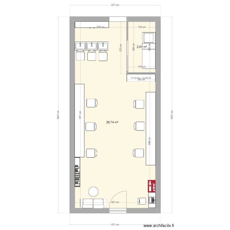 salon bach vahiné. Plan de 2 pièces et 41 m2