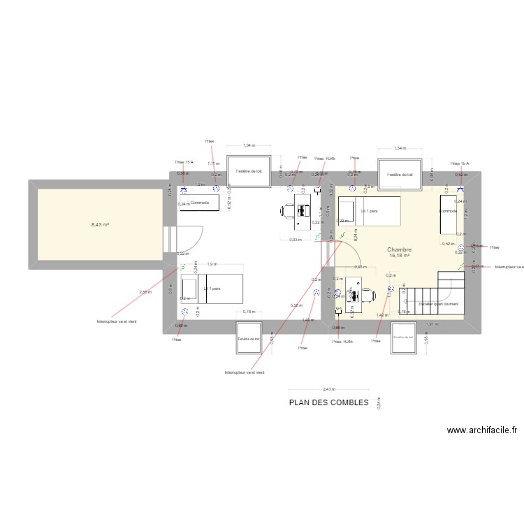 Combles 1. Plan de 2 pièces et 25 m2