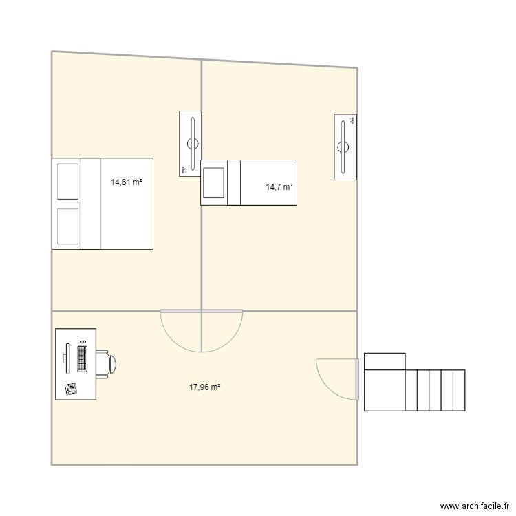 2 ème étage salon /WC. Plan de 3 pièces et 47 m2