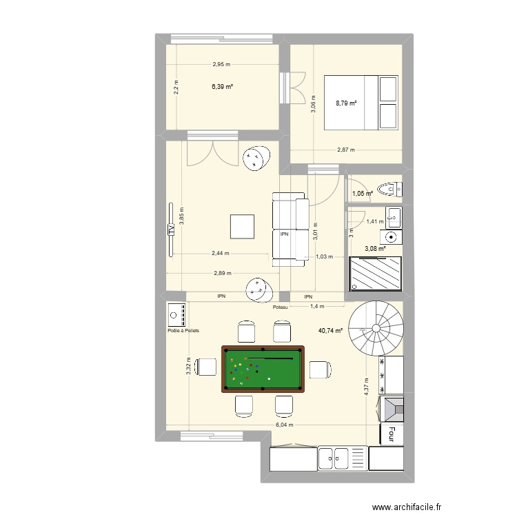Garluche cuisine chambre escalier. Plan de 5 pièces et 60 m2