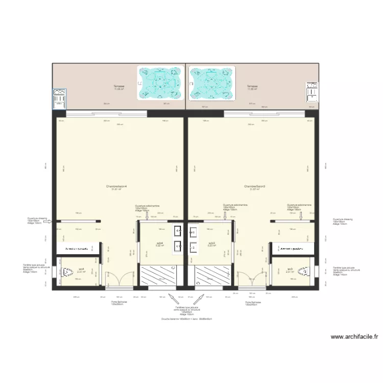 Bungalows jumel&eacute;s. Plan de 