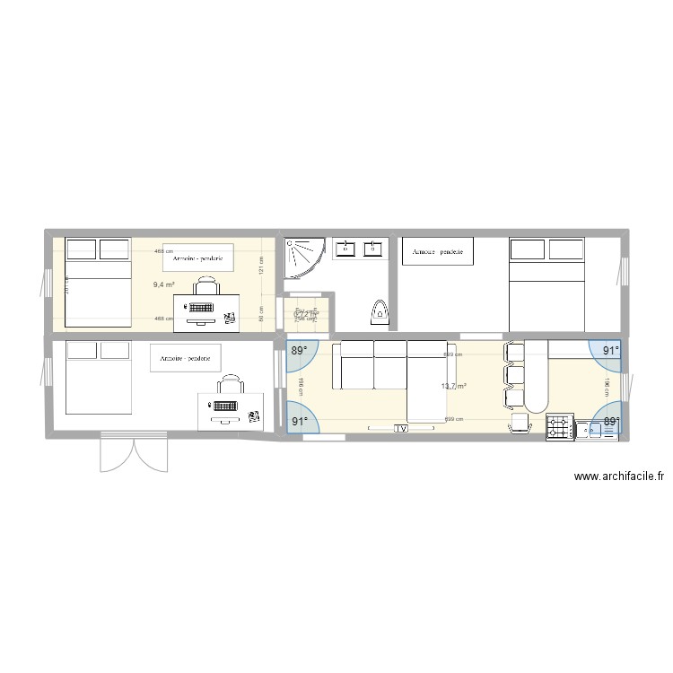 Containers Aménagers. Plan de 3 pièces et 24 m2