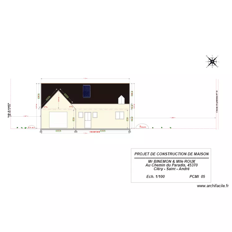 FACADE SUD EST  SUR PROFIL DU TERRAIN. Plan de 