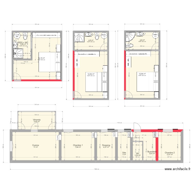 2 ext. Plan de 14 pièces et 96 m2