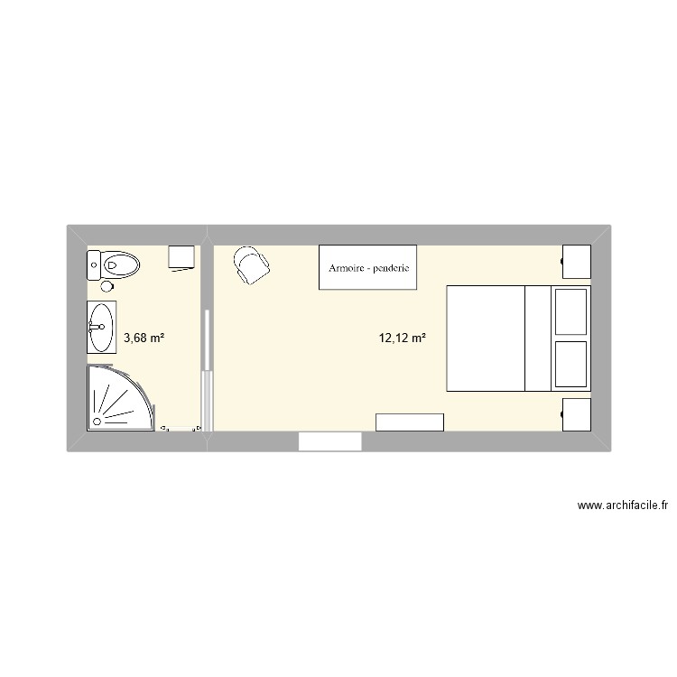 Chambre d'amis. Plan de 2 pièces et 16 m2