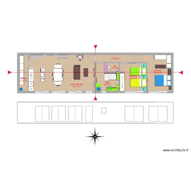 maison module 10*2.5. Plan de 7 pièces et 87 m2