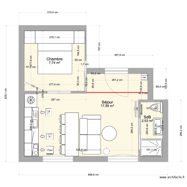 Sully V5 cuisine. Plan de 3 pièces et 28 m2