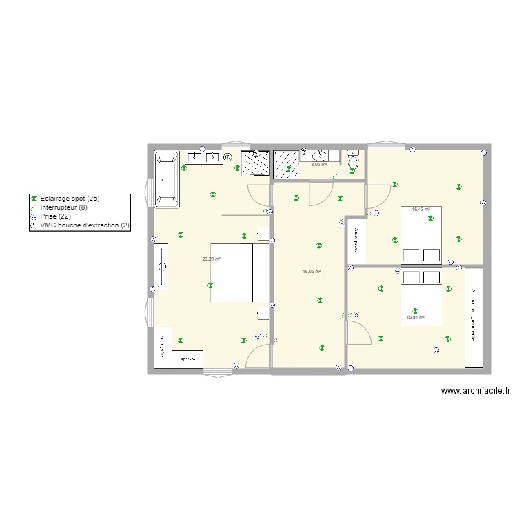 1er étage moulin. Plan de 5 pièces et 81 m2