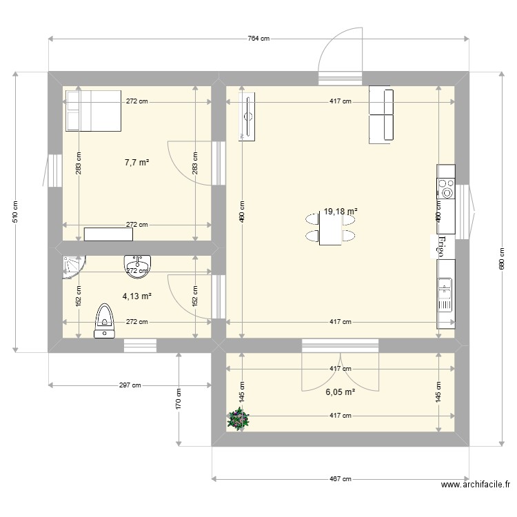 T2 Logement. Plan de 4 pièces et 37 m2