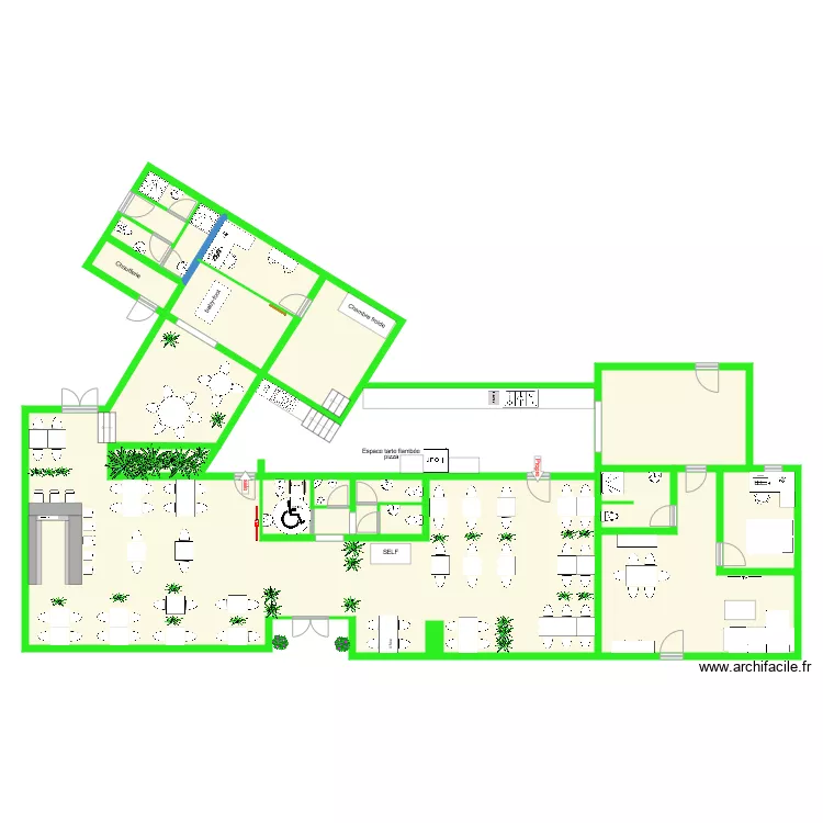 Plan restaurant v4 avec bar au fond dans grande salle. Plan de 