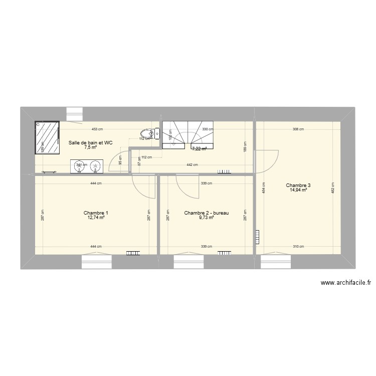 R+1 côtes finies. Plan de 5 pièces et 52 m2