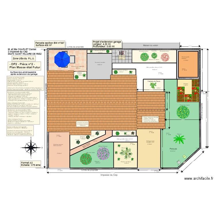 Plan Masse Garage 4.30 ml par 5.60 ml. Plan de 23 pièces et 406 m2