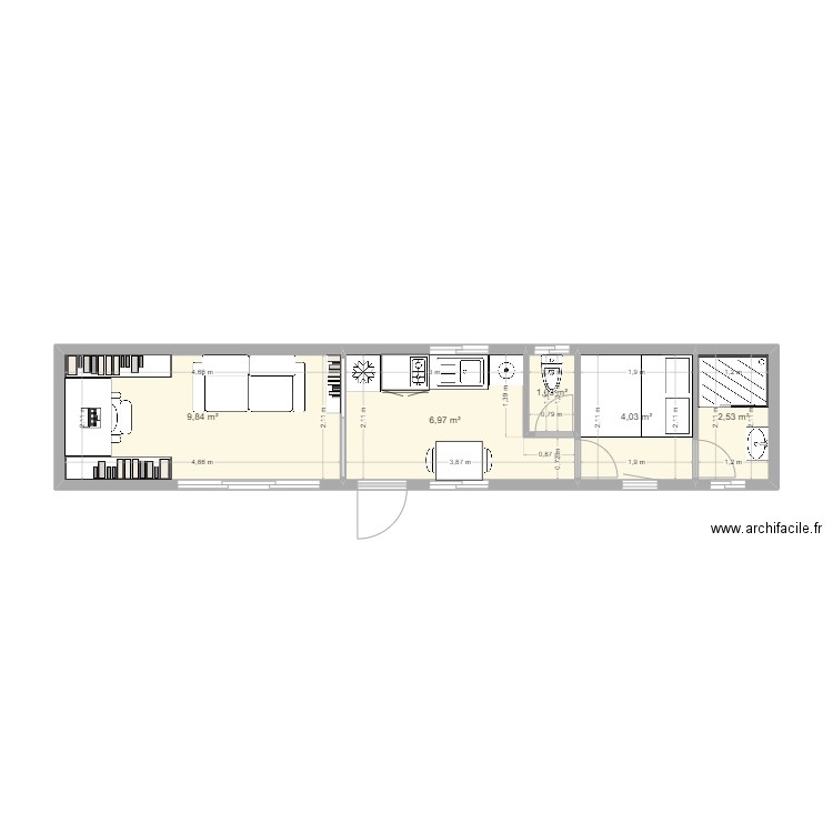 Container 40 feet nouvel essai 3. Plan de 5 pièces et 24 m2