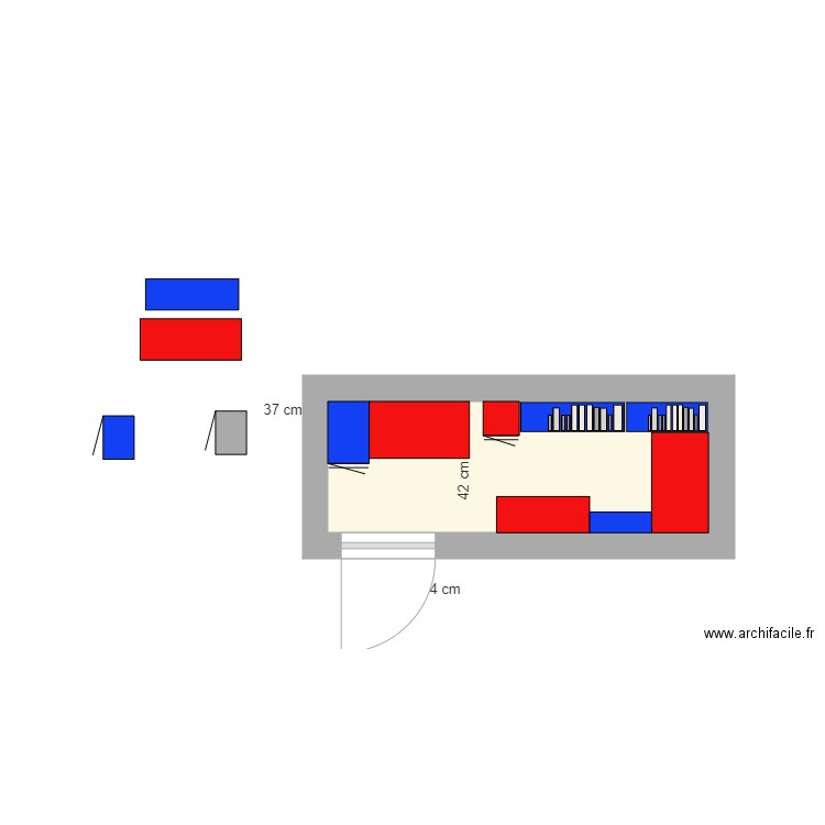 la CAVE V43 avec meuble cuisine en 60 de prof + Mini biblio 60x20. Plan de 1 pièce et 5 m2