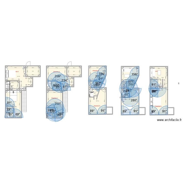 Plan chambre 3, 4, 8 et 9. Plan de 16 pièces et 156 m2