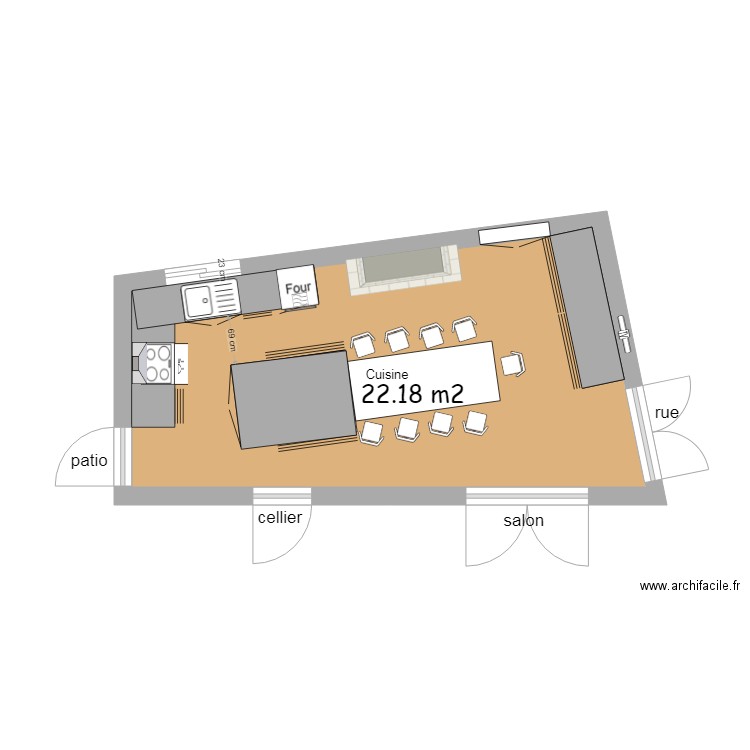 cuisine. Plan de 1 pièce et 22 m2