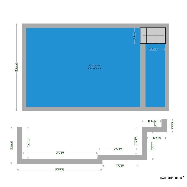 Plan Piscine façade. Plan de 1 pièce et 27 m2