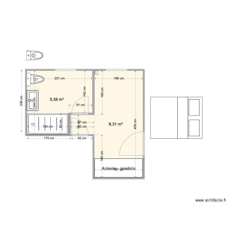 Chambre Valentine Maison Sebourg. Plan de 2 pièces et 14 m2