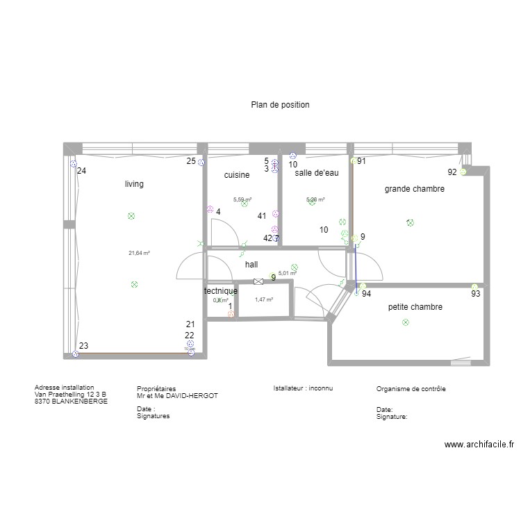 Appartement  électricité. Plan de 8 pièces et 63 m2