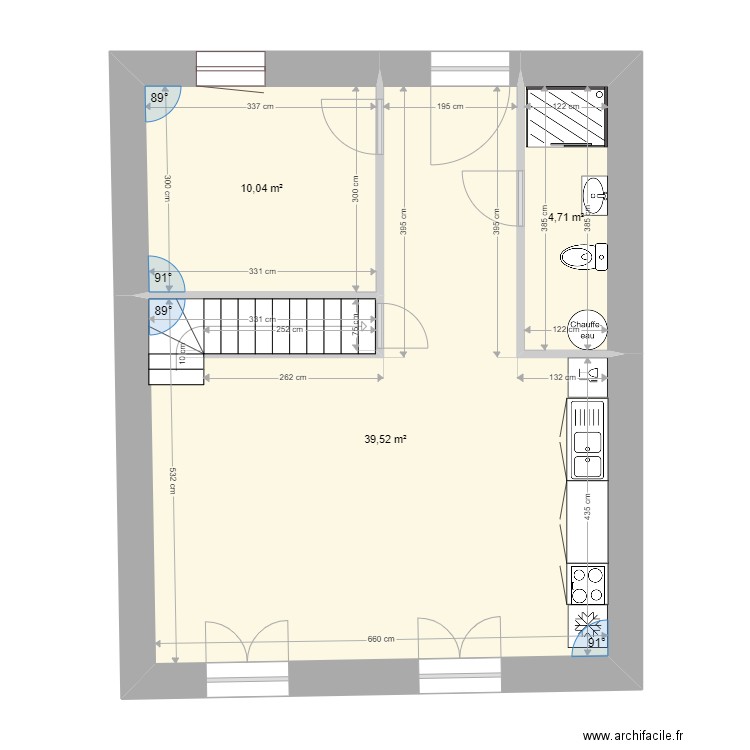Aménagement nu  M1 RdC. Plan de 3 pièces et 54 m2