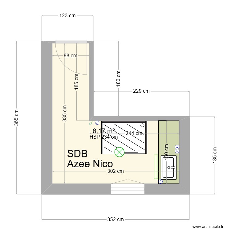 SDB Azee Nico. Plan de 1 pièce et 6 m2