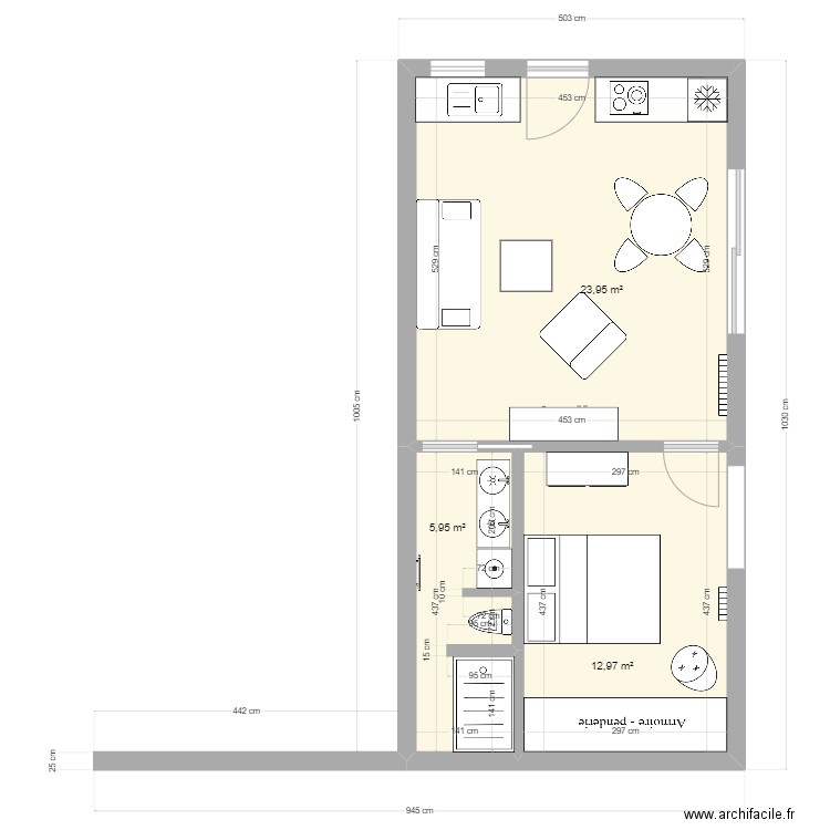 Studio Payas V2. Plan de 3 pièces et 43 m2