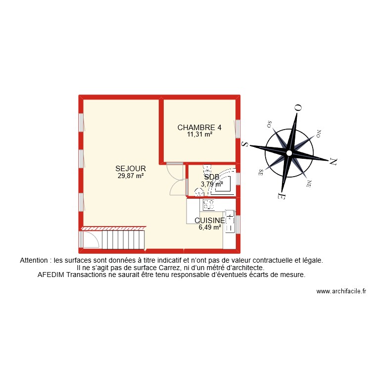 BI 9274 ETAGE. Plan de 5 pièces et 54 m2