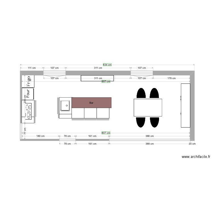 Cuisine. Plan de 1 pièce et 25 m2