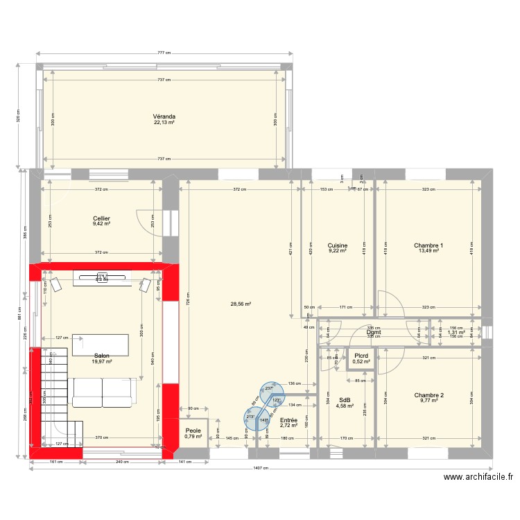 Maison transformations escalier gauche palier meublé. Plan de 13 pièces et 125 m2