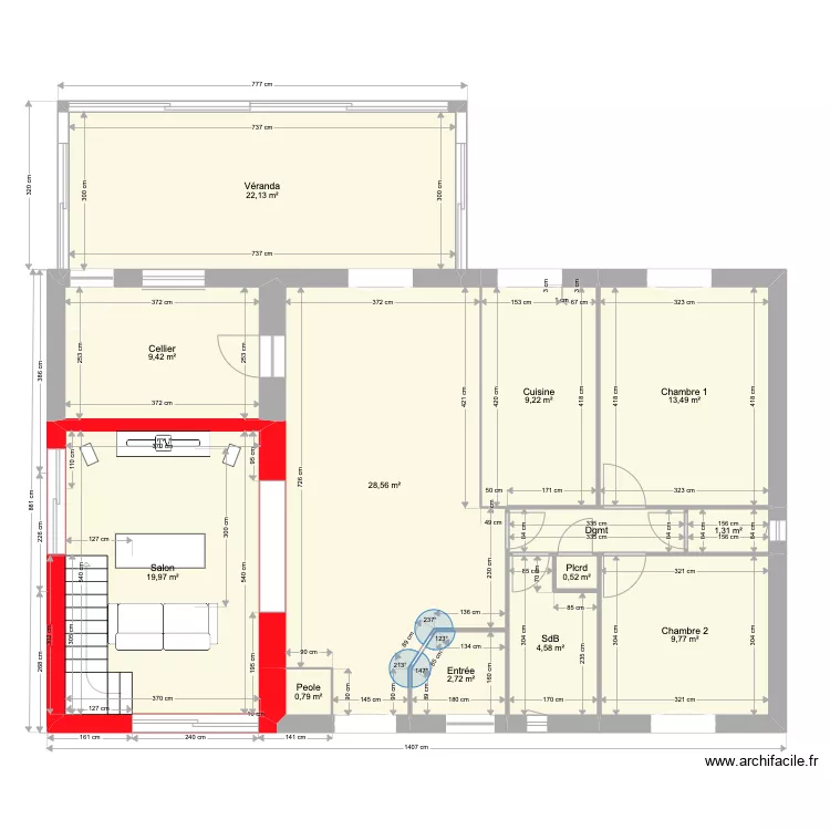 Maison transformations escalier gauche palier meubl&eacute;. Plan de 