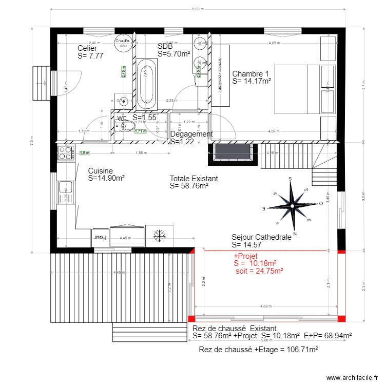 chalet 50 Existant et projet. Plan de 5 pièces et 71 m2